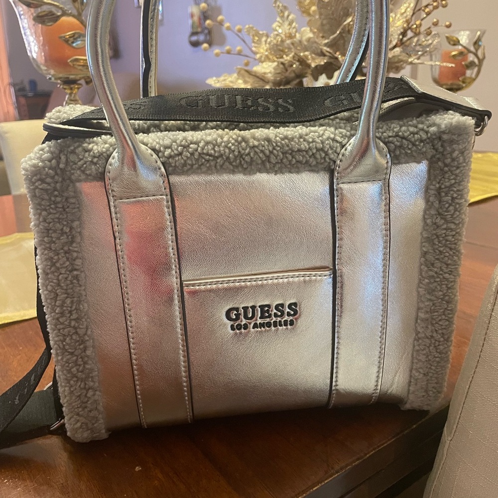 Guess Logo Embossed Mini Tote Crossbody Bag, Color Silver